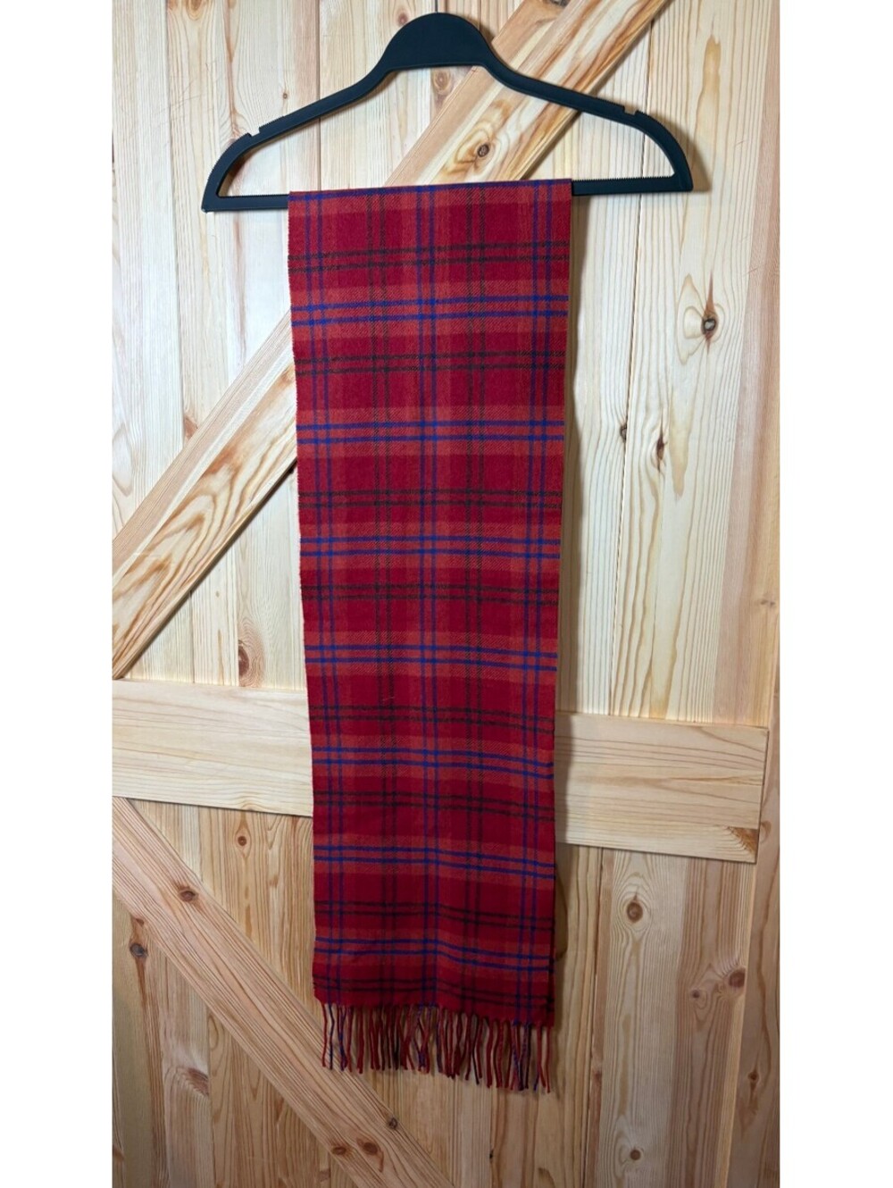 Peck & Peck 100% Cashmere Red Plaid Scarf with Fringe